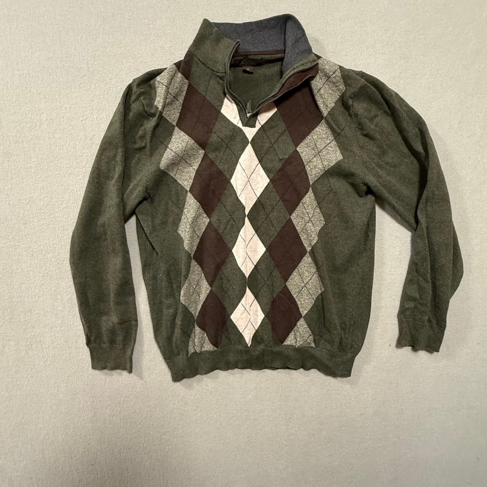 Preppy Retro Golf Green Grey Argyle‎ 1/4 Zip Cotton Pullover Sweater Men Medium